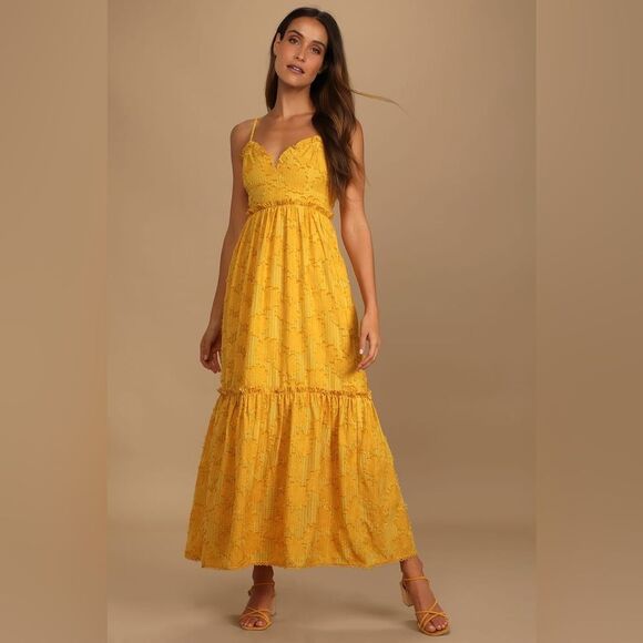 Lulus Charm and Charisma Burnout Floral Midi Dress in Mustard Yellow‎ XL - Picture 1 of 12